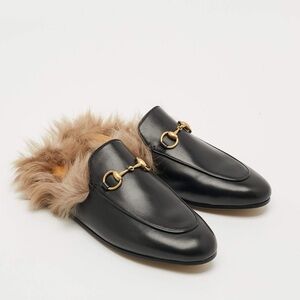 Gucci Princetown Series Wool Slipper Black  with Gold Horsebit